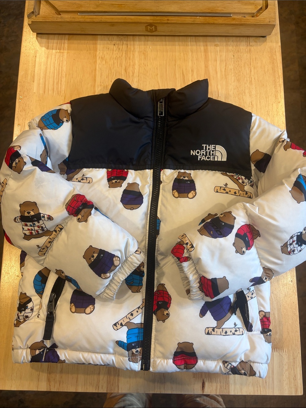 The North Face White & Black Kids Puffer Nuptse Jacket with Bear Print